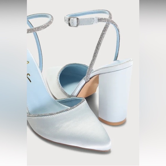 Lulus Chakay Sky Blue Satin Rhinestone Pointed-Toe Ankle-Strap Heels 8.5 new - Picture 2 of 10